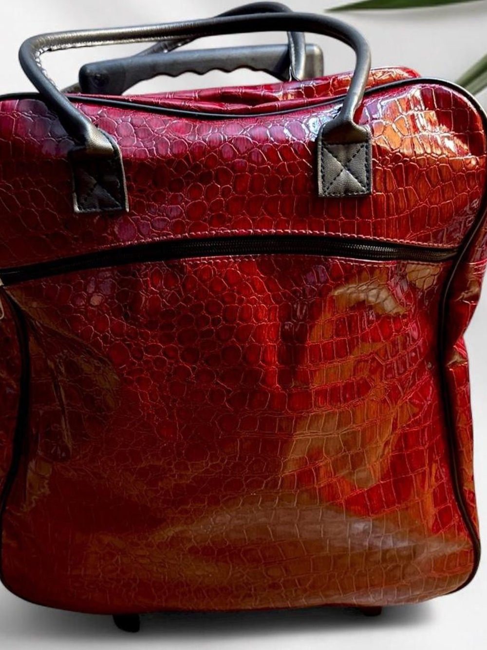 Red Wine Crocodile Skin Embossed Rolling Wheeled Carry On Travel Bag Zip Pockets